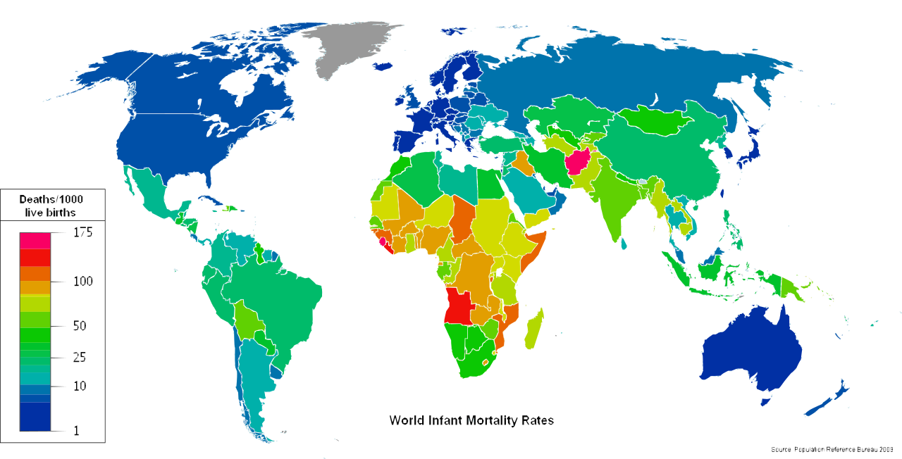 世界嬰兒五年平均死亡率圖示